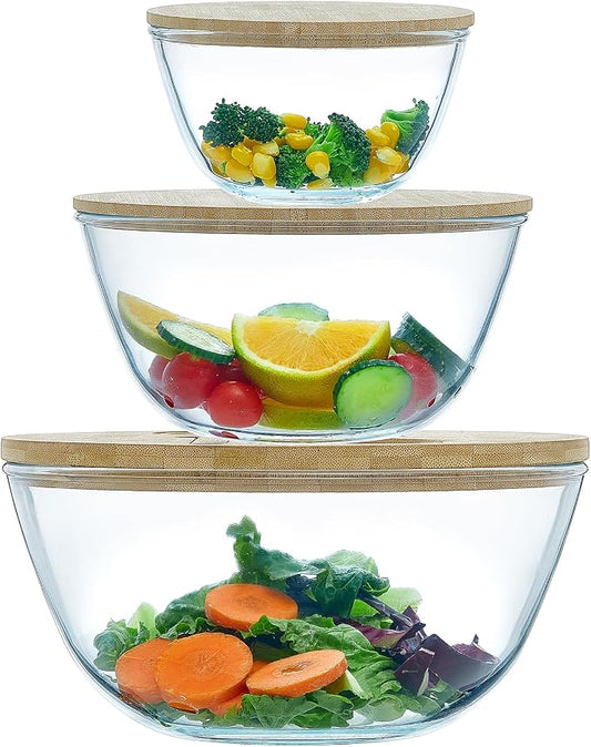 Glass Mixing Bowls with Bamboo Lids, 3 Packs Glass Bowls with Lids Set(4.7QT, 2.1QT, 0.8QT), Large Capacity Salad Bowls, Nesting Containers Microwave Safe Baking Bowls for Kitchen by ECWAY