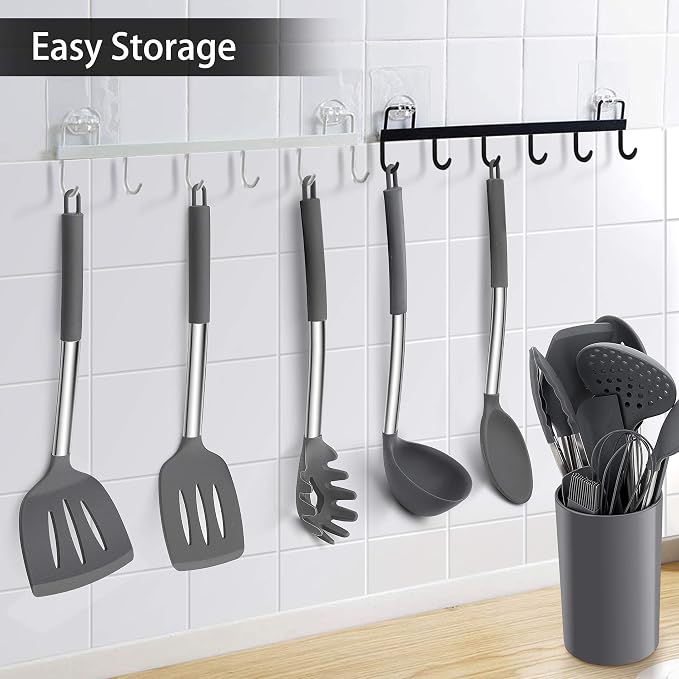LIANYU 15-Piece Cooking Kitchen Utensils Set with Holder | Silicone Kitchen Tools Stainless Steel Handle, Slotted Spatula Spoon Turner Tong Whisk Brush for Cooking, Gray - Image 4