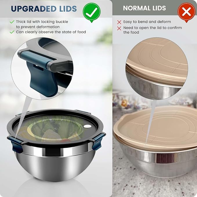 Daily Treasures Mixing Bowls with Airtight Clear Lids Set of 3,Thicker Stainless Steel Mixing Bowl Set,Nesting Bowls for Cooking, Prepping, Baking, Serving & Food Storage, Size 5, 3, 1.5QT - Image 3