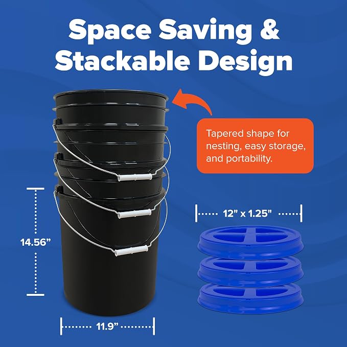 5 Gallon Bucket - Food Grade w/Lid BPA-Free, Black/Blue, 6 | Airtight Gamma Seal Screw-On Lid, Heavy-Duty 90 Mil HDPE Plastic, Food Safe and Durable Container, Bulk Storage, Made in USA - Image 2