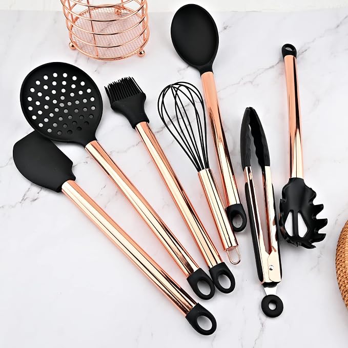 Non-stick Silicone Cooking Utensil Set with Holder, 16pcs Kitchen Utensils Set Heat Resistant Cookware Copper Stainless Steel Handle Cooking Tools Turner Tongs Spatula Spoon - Black&Rose Gold - Image 4