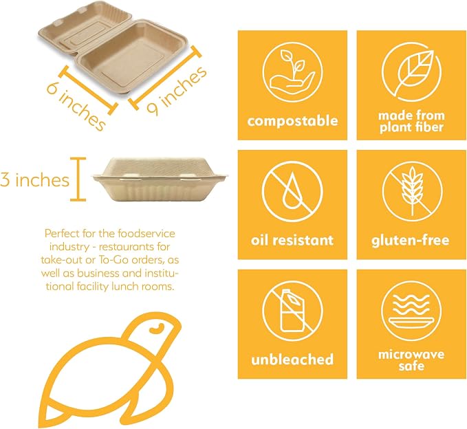 100% Compostable Disposable Food Containers with Lids [9”X6” 500 Pack] Eco-Friendly Take-Out TO-GO Containers, Heavy-Duty, Biodegradable, Unbleached by Earth's Natural Alternative - Image 2