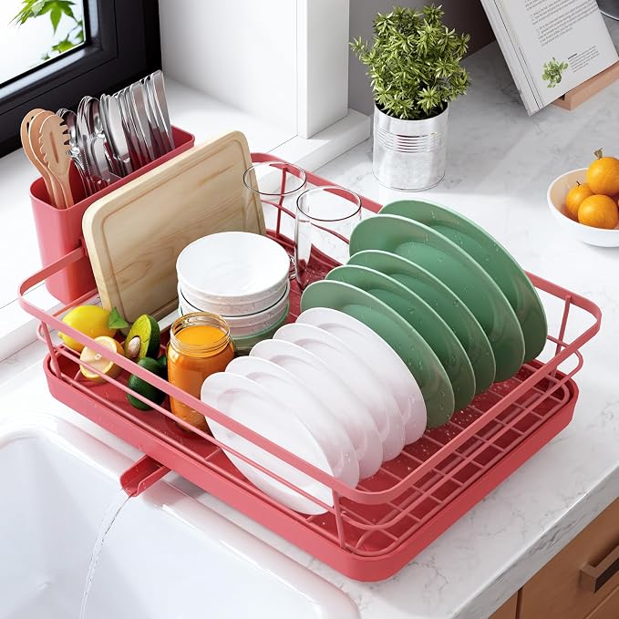 Kitsure Dish Drying Rack for Kitchen Counter, 12''W x 15.5''L, Red | Stainless Steel Sink Organization, Cutlery Holder, Home and Appartment Decor by Kitsure