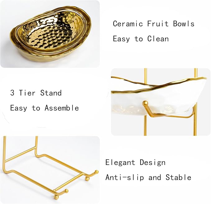 3-Tier Fruit Bowls for Kitchen Counter,Ceramic Bowl with Gold Metal Stand,3 Tier Fruit Basket for Fruit,Snack,Cake,Nuts,Dessert Storage - Image 3
