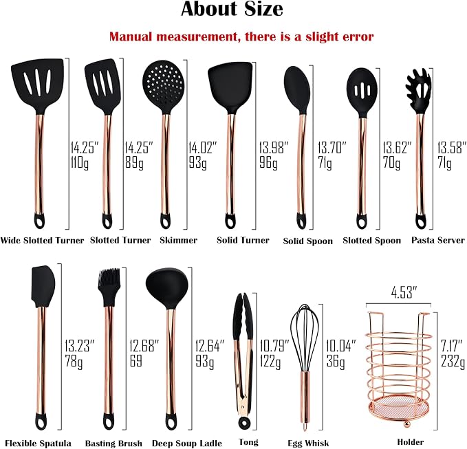 Non-stick Silicone Cooking Utensil Set with Holder, 16pcs Kitchen Utensils Set Heat Resistant Cookware Copper Stainless Steel Handle Cooking Tools Turner Tongs Spatula Spoon - Black&Rose Gold - Image 3