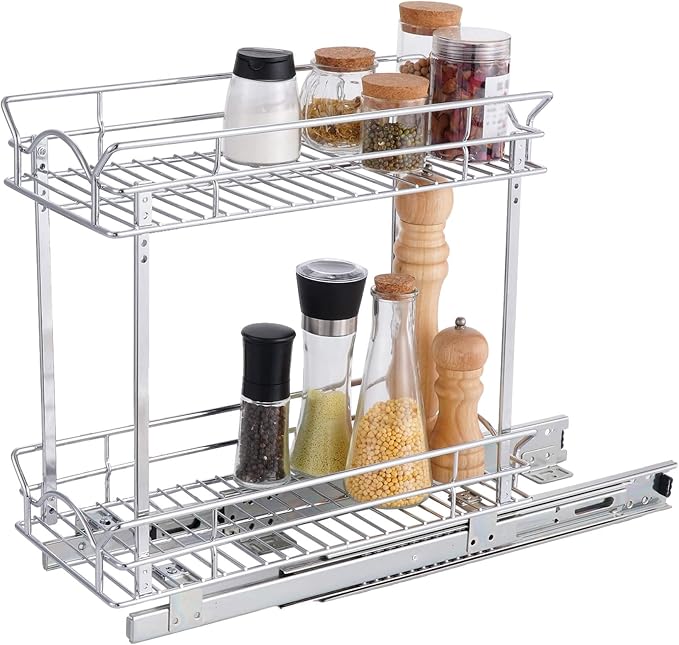 OCG Slide Out Cabinet Organizer for Narrow Cabinet (9" W X 21" D), 2 Tier Pull Out Shelves Slim Sliding Cabinet Organizer and Storage, Chrome by OCG