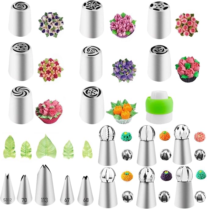 NANASO 20 PCS Stainless Steel Russian Piping Nozzles Set, Silver, Icing-tips for Cakes Cookies Decoration by NANASO