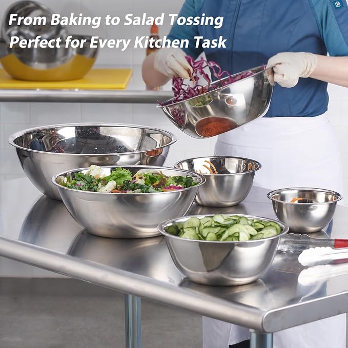 6 Piece Stainless Steel Mixing Bowls Set (0.6–10 QT) | Heavy-Duty Nesting Metal Bowls, 0.6, 1.7, 2.9, 4.9, 6, 10 QT, Flat Base, For Baking, Cooking, Salad Tossing & Meal Prep - Image 6