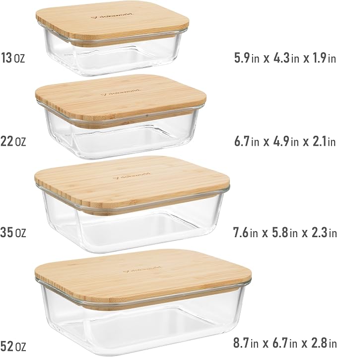 Set of 4 Stackable Space-Saving Nesting Glass Containers with Airtight Bamboo Lids - Lunch, Meal & Food Prep - Microwave & Oven Safe BPA Free Durable Heat Resistant Inert Borosilicate Glass - Image 2
