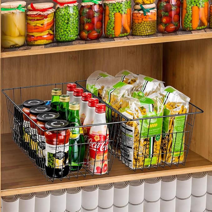 SANNO Freezer Baskets Wire Storage Baskets Closet Baskets Bin Farmhouse Organizer Storage Bins Large Organizer Bins for Home, Office, Bathroom, Pantry Organization Storage -Black Set of 3, 15.7" - Image 2