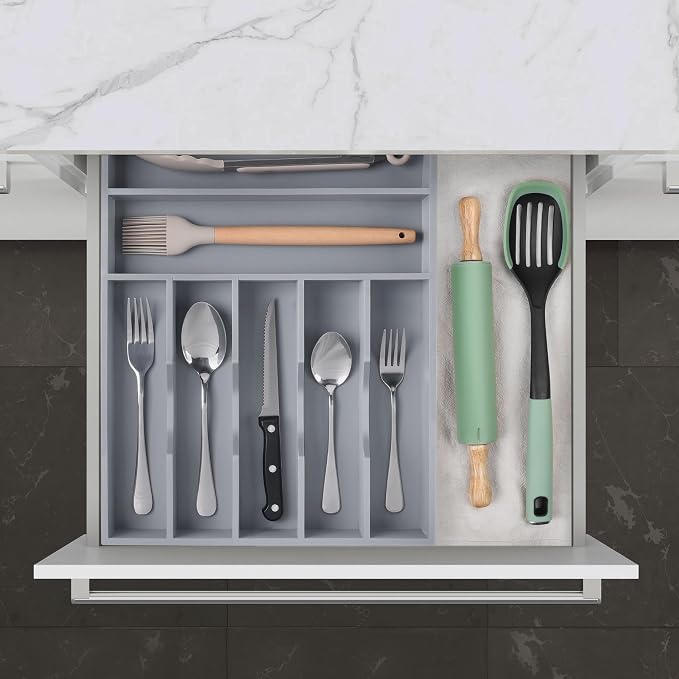 Kitchen Bamboo Silverware Organizer, Kitchen Drawer Organizer - Utensil Holder and Cutlery Tray with Grooved Drawer Dividers for Flatware 7 Slot, Grey - Image 9