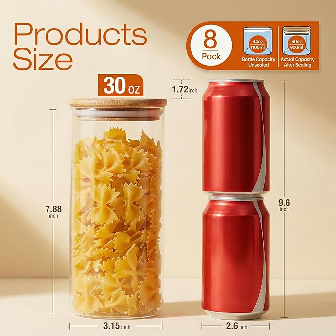 HomArtist Glass Jars with Bamboo Lids 28 floz [Set of 8], Glass Canisters with Airtight Lids, Glass Food Storage Containers for Pasta, Oats, Coffee, Flour, Sugar, Rice, Best for Kitchen & Pantry - Image 3