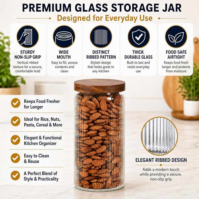 Ribbed Glass Jar with Wooden Lid 16.9oz / 27oz | Airtight Fluted Storage Container for Food, Pasta, Coffee, Candy, Dog Treats, Snacks | Canisters for Home & Kitchen (44 fl.oz / 1300ml -3X) - Image 4