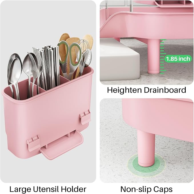 SAYZH Expandable Dish Drying Rack for Small Kitchen Counter, Pink | Stainless Steel, Protective Guardrail, Angled Drainboard, Fits High-Rim Sinks, Removable Utensil Holder - Image 6