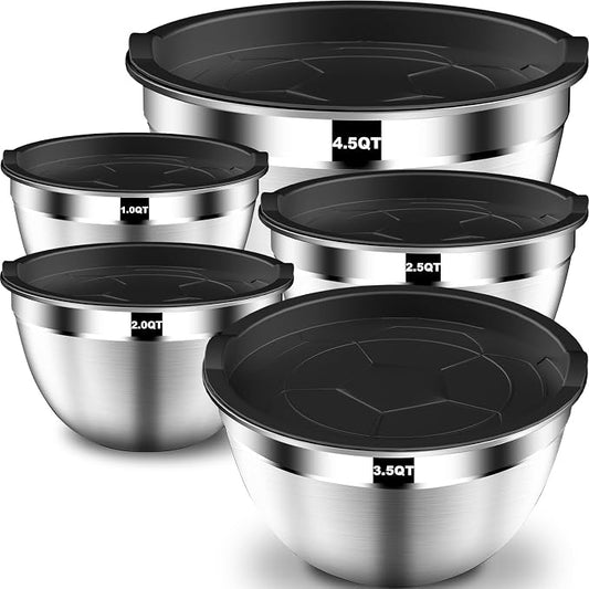 DUTZUN Stainless Steel Mixing Bowls with Airtight Lids Set of 5, Black | Kitchen Appliances Essential Gifts for Mixing, Baking, Prep, Salads, Serving, Cooking by DUTZUN