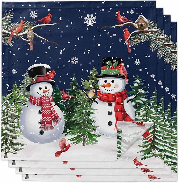 Navy Blue Snowman Christmas Cloth Napkins, Washable and Reusable Dinner Napkins Set of 4, Xmas Tree Snowflake Winter Birds Table Napkin for Kitchen Party Birthday Wedding Hotel Housewarming 20''x20'' by Unknown
