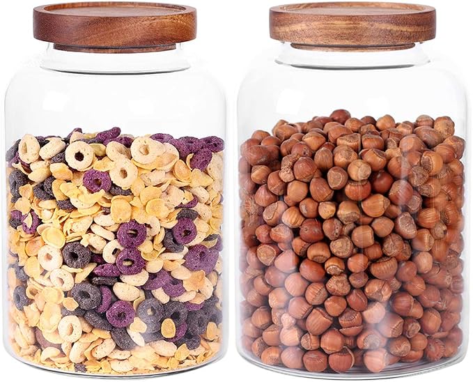 LEAVES AND TREES Y Thicken Glass Storage Jar, Food Storage Container/Canisters with Airtight Wooden Lid for Tea, Coffee, Honey, Cacao Powder,BPA Free Perfect as a Cereal Dispenser (7.6inch 2pcs) by LEAVES+AND+TREES+Y