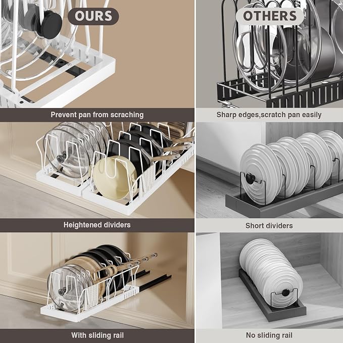 Magheo 2 Pack Pots and Pans Organizer Under Cabinet, 22" Deep Expandable Pull Out Pot Lid Organizer and Storage with 10 Adjustable Dividers No Drill Pot and Pan Holder Rack with Handle Bracket(White) - Image 4
