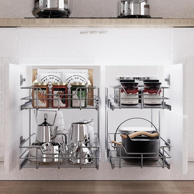 2 Tier Pull Out Cabinet Organizer 11" W X 22" D, Chromed, Full Slide Out | For Kitchen Organizers and Storage, Pull Out Drawers For Cabinets Capacity Heavy Duty Caddy, Cabinet Shelves, Bathroom Pantry - Image 6