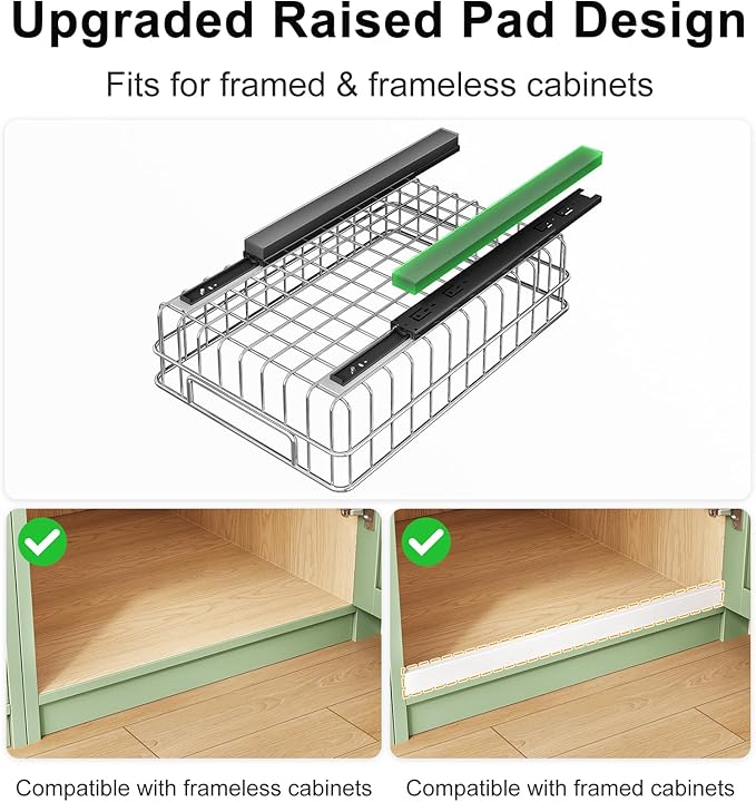 Pull out Cabinet Organizer, Stainless Steel 2-Pack (9.8"W x 16.5"D) Full-Extension Slide out Drawer, Adhesive Roll out Can Spice Storage Basket Shelf Rack for Pantry, Kitchen, Bathroom, Home Closet - Image 8