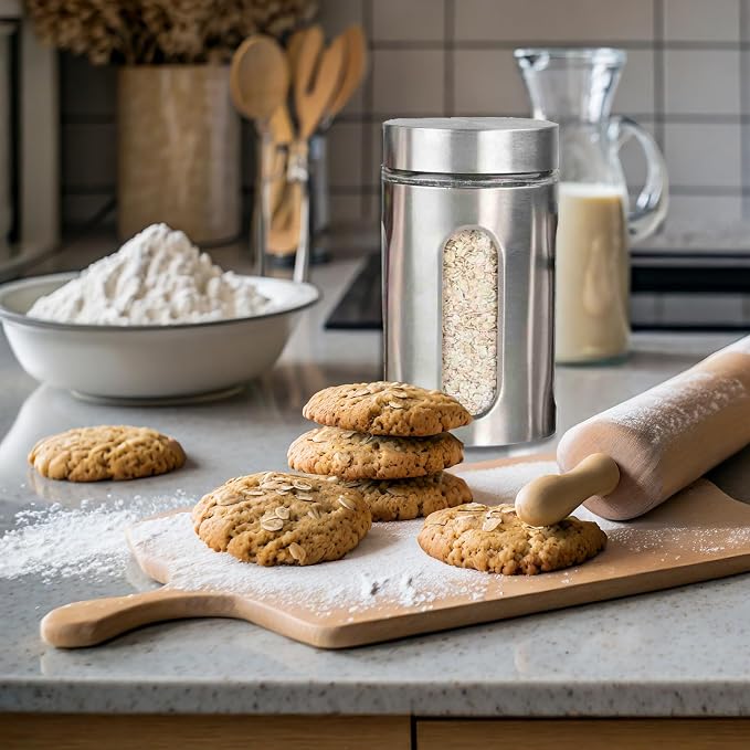 Kitchen Canisters By Home Basics | Retro-Styled For Kitchen Counter | Stainless Steel and Glass | With See-Through Windows (Silver), 4 Pieces, For Flour, Coffee, Sugar, and Dry Ingredients - Image 5
