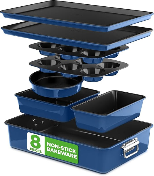 NutriChef 8-Piece Nonstick Stackable Bakeware Set - PFOA, PFOS, PTFE Free Baking Tray Set w/Non-Stick Coating, 450°F Oven Safe, Round Cake, Loaf, Muffin, Wide/Square Pans, Cookie Sheet (Blue) by NutriChef%E2%84%A2Kitchen