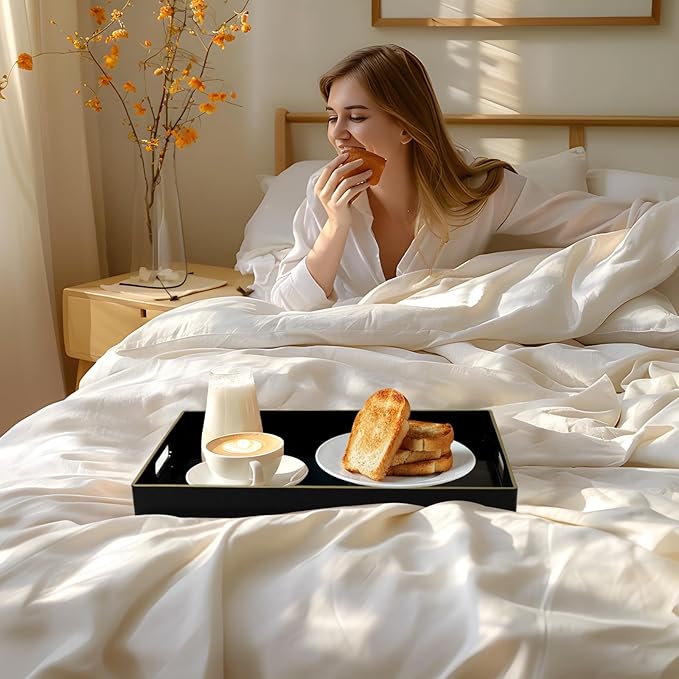 Black Decorative Tray for Coffee Table, Serving Tray with Handles | Plastic Melamine Tray, Modern Ottoman Tray, Rectangular Countertop Organizer Tray for Living Room, 15.8"L x 10.2"W x 1.4"H - Image 5