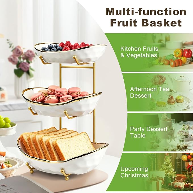 Fruit Bowl for Kitchen Counter - 3 Tier Ceramic Fruit Rack, Fruit Basket for Fresh Fruit&Veggies, Tiered Fruit Platter Serving Trays for Party - Image 2