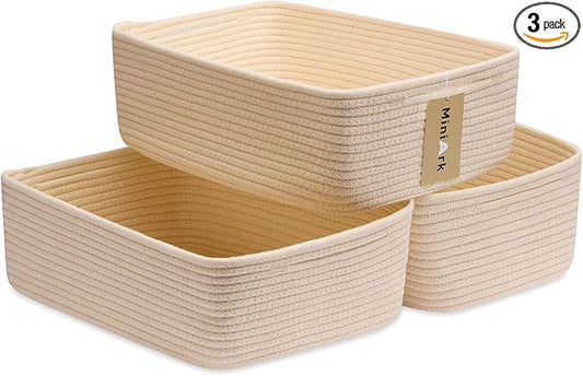 MiniArk Large Shallow Organizing Baskets 15x11x5.1 Inches - Rope Woven Storage Bins for Bathroom, Shelves, Cube Closet, Beige 3 Packs by MiniArkStorageBasketsHome