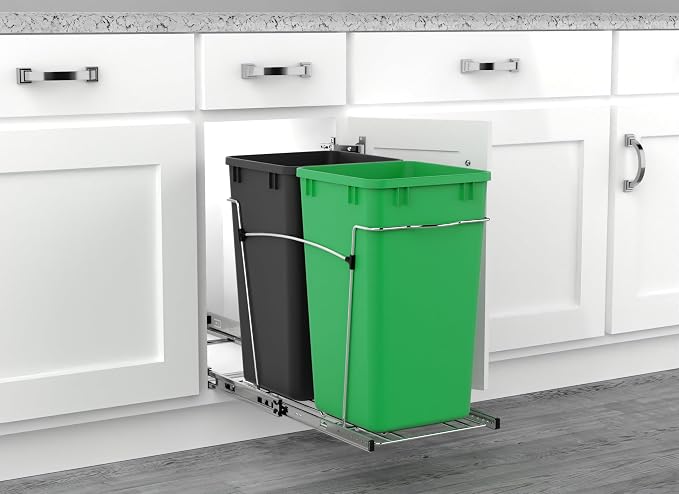 Rev-A-Shelf Pullout Trash Can for Kitchen Cabinets 27 Qt Garbage Recycling Bin with Full Extension Slide, Green/Black, RV-15KD-1918C-S - Image 6