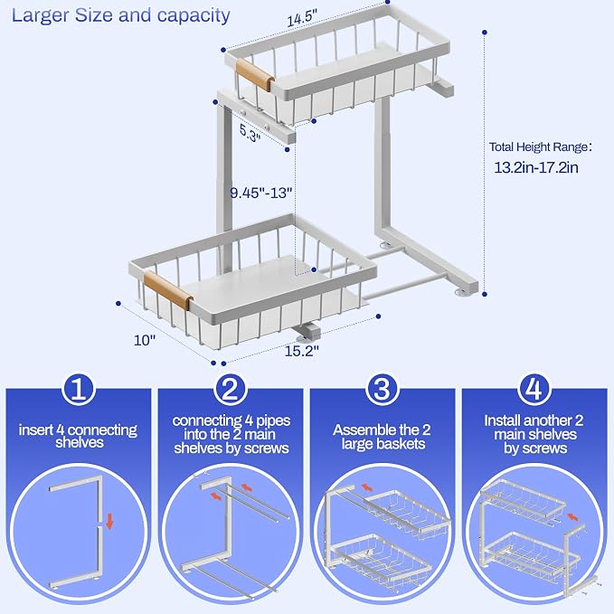 ADBIU 2 Pack Under Sink Organizers and Storage, Height Adjustable 2-Tier Pull Out Cabinet Organizer, Heavy Duty Slide Out Sink Shelf Drawer for Kitchen Bathroom Organization - Image 2