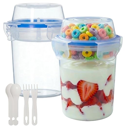 480ml Airtight Cereal Storage Container with Separate Topping Cup Leak-Resistant Clip-Lock Lid Stackable Snack & Yogurt Cup for On-the-Go Breakfast Travel School Office & Daily Use, Set of 2 by Basicwise
