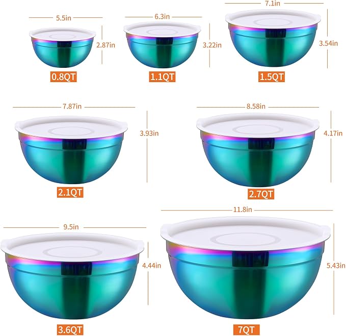 Rainbow Mixing Bowls with Lids Set of 7, Stainless Steel Nesting Bowl with Khaki Lid for Non-slip Mixing Prepping Storing Serving, 7 Sizes-7/3.6/2.7/2.1/1.5/1/0.8 QT - Image 2