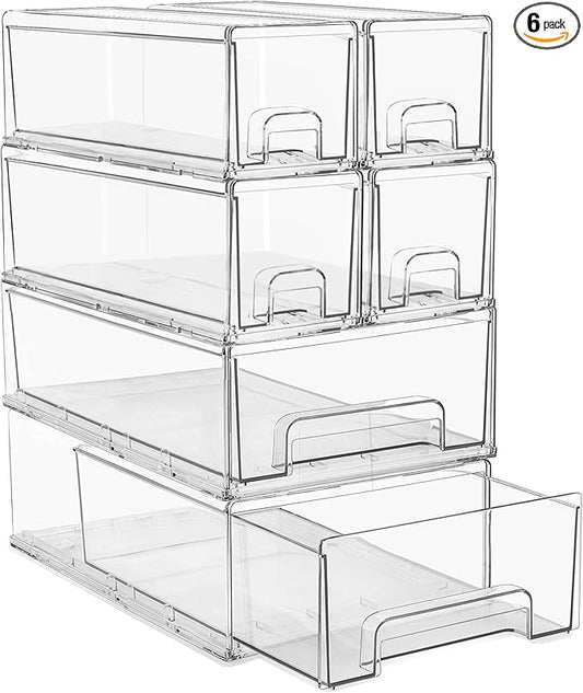 Sorbus 2 Medium & 4 Small Clear Stackable Storage Drawers – Plastic Organizer Bins with Handles – Stackable Pull-Out Storage Drawers for Closet, Pantry, Office, Bathroom, Craft, and Toy Organization by Sorbus