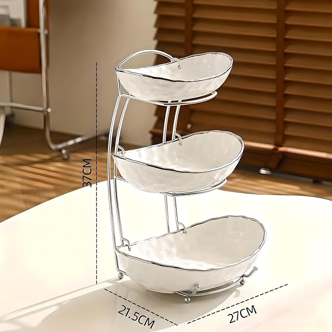 XUDREZ 2 Tier/ 3 Tier Fruit Bowl with Metal Stand for Kitchen Counter, Ceramic Gold Silver White, Portable Tiered Fruit Basket Fruit Rack for Nuts, Snacks, Bread, Candy Storage (White B, 3 Tier) - Image 2