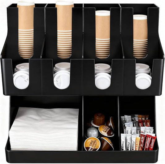 Commercial Cup and Lid Holder with Straw Organizer,Disposable Coffee Cup Condiment Dispenser for Countertop Org, Coffee Bar, Beverage Cup, Kitchen, Breakroom (11 Compartment Upright) by WELKORCateringEquipment