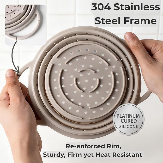 SelectShen™ Collapsible Silicone Colander Set, Stainless Steel Rim (3 Pk) | Heat-resistant, dishwasher-safe platinum silicone strainers. Sturdy stainless steel rim. BPA-free, space-saving, set of 3 - Image 2