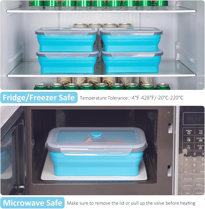 Extra Large Collapsible Food Storage Containers with Lid & Air Vent, 58 oz, 4 Pack, XL Collapsible Marinade Container with Lid Foldable Silicone Containers, Microwave Freezer Dishwasher Safe, Blue - Image 4