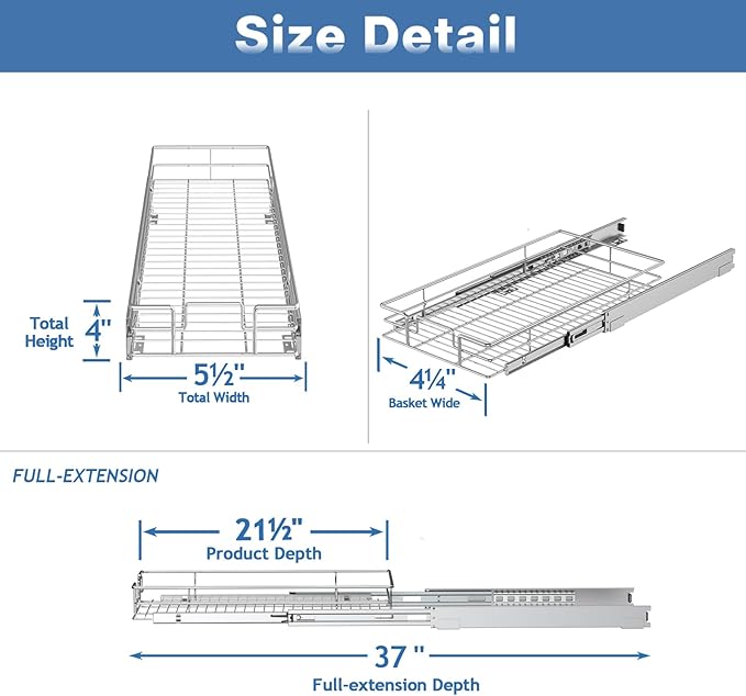 ROOMTEC Pull Out Cabinet Organizer, Pull Out Shelves 5½" W x 21½" D, Heavy Duty Cabinet Drawers Slide Out Kitchen Organizers Storage Shelf - Image 3