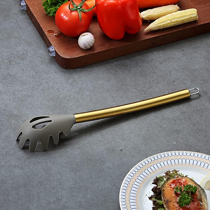 Gold Spaghetti Spoon, Berglander Non-stick Silicone Pasta Server With Titanium Gold Plating Handle, Spaghetti Server For Cooking, Pasta Fork, Noddle Fork, Dishwasher Safe, Easy to Clean - Image 4