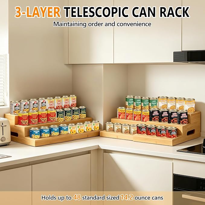 2 Pack 3-Tier Bamboo Expandable Can Rack Organizer for Pantry | Stackable Canned Food Organizers and Storage, Kitchen Cabinet, Food Can Holders Dispensers for Pantry Up To 48 Cans - Image 5