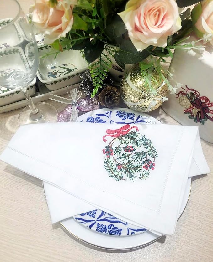 Embroidered Cloth Napkin Pine Ornament Christmas Cotton Napkins Set of 6, 20x20 Hemstitch Table Napkins Machine Washable, Daily & Christmas, Great Present Ideas - Image 5