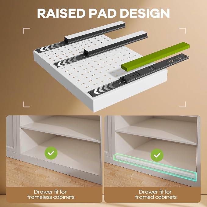 Seinloes 6 Pack Pull out Cabinet Organizer 21"Deep with Raising Pad for Framed Cabinets, Expandable Slide out Drawers for Kitchen Cabinets with 6pcs Divider Racks, Roll out Shelves 12.1"-20.4" W White - Image 2