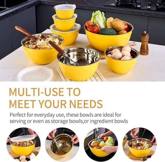 Yellow Mixing Bowls With Airtight Lids,Stainless Steel Bowl,Salad Bowls 7 Piece Colorful Nesting Bowl Yellow Kitchen Accessories,Size 7,3.6,2.7,2.1,1.5,1.1,0.8QT Stackable Design - Image 5