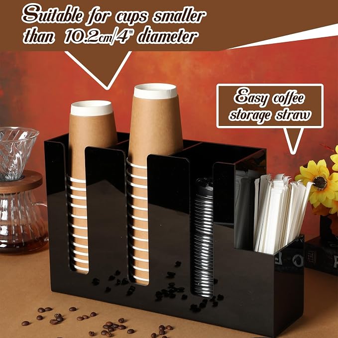 4 Compartments Acrylic Coffee Cup and Lid Storage Organizer Holder Disposable Paper Cup Dispenser Organizer Plastic Lid Holder Accessories for Kitchen Bar Shop Party Supplies(Black) - Image 4