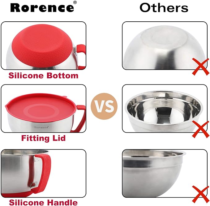 Stainless Steel Mixing Bowls: Metal Mixing Bowl Set with Lids and Handles Non-slip Silicone Bottom Nesting Bowls for Kitchen Set of 3 - Red - Image 4