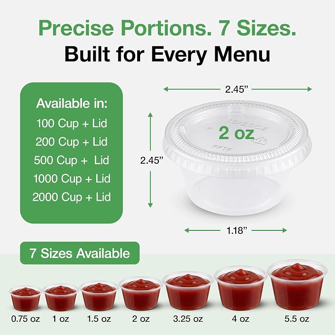 0.75-5.5 oz Plastic Portion Cups with Lids, 100-2000 Count, Dessert Cups with Lids, Jello Shot Cups with Lids, Small Plastic Cups for Salad Dressing & Condiments (1000, 2.0, ounces) - Image 4