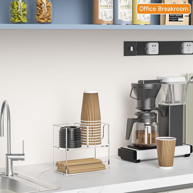 Beego 3-Compartment Cup Holder for Countertop - 2-Tier Clear Acrylic Cup Dispenser Coffee Station Paper Cup and Lid Organizer Condiment Storage for Restaurant Breakroom Kitchen Bar Accessories - Image 3
