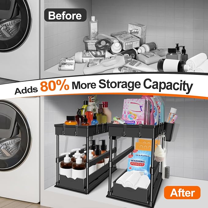JPart Under Sink Organizer, Kitchen Organizers and Storage, 2-Tier Bathroom Cabinet Organizer with Sliding Drawers, Thickened Construction with Hooks Hanging Cup for Kitchen & Bathroom, 2 Pack - Image 7