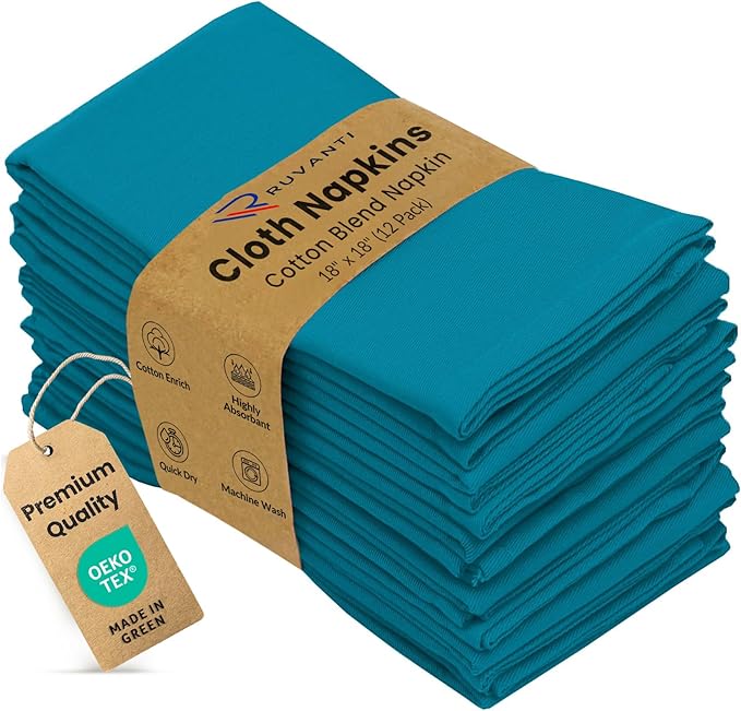 Ruvanti Cloth Napkins Set of 12, 18x18 Inches Napkins Cloth Washable, Soft, Durable, Absorbent, Cotton Blend. Table Dinner Napkins Cloth for Hotel, Lunch, Restaurant, Weddings, Events, Parties - Teal by Ruvanti